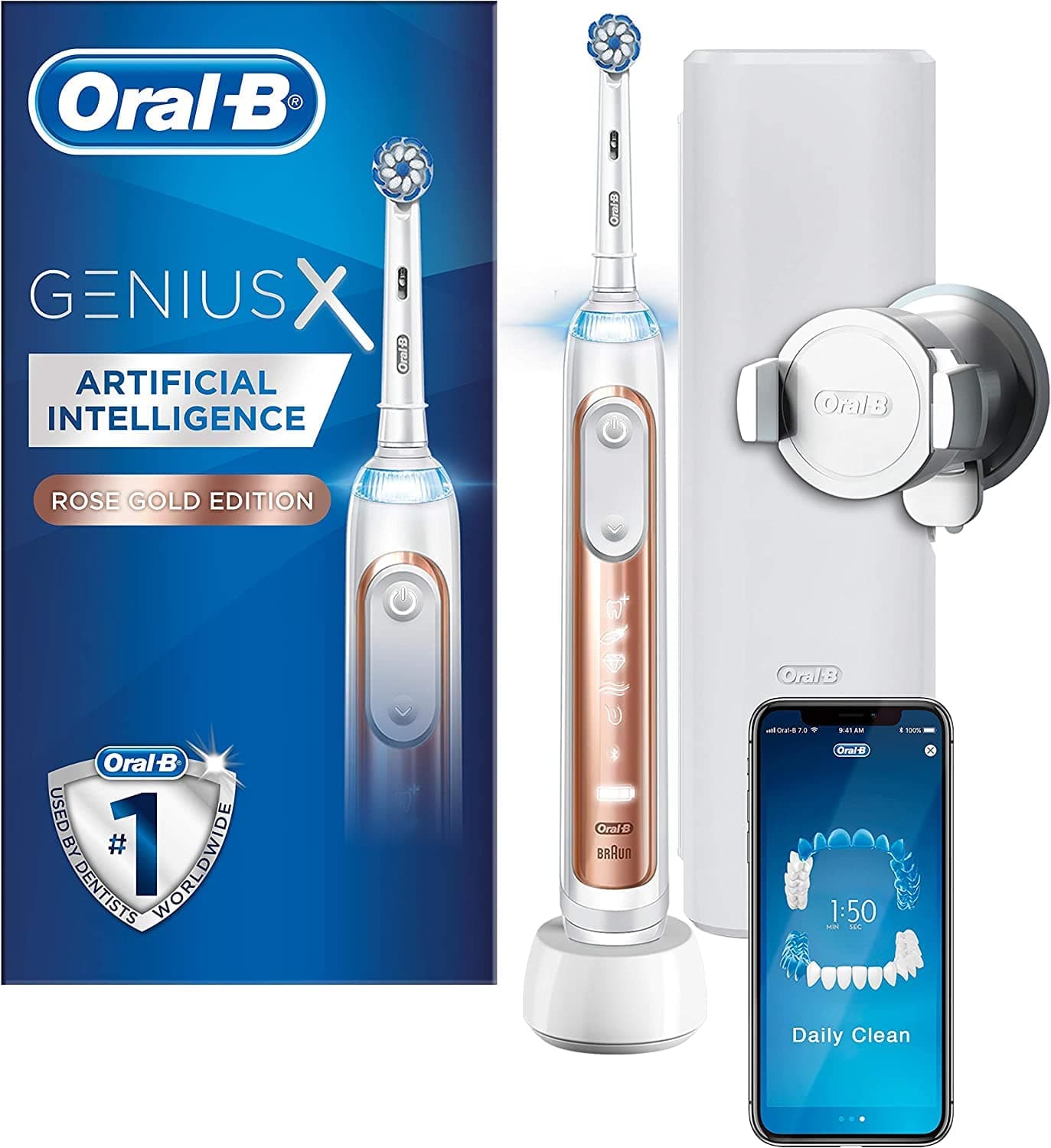 Oral-B Genius X with Artificial Intelligence Rose Gold Electric Toothbrush, 1 Toothbrush Head, 6 Modes, Gum Pressure Sensor, USB Charging Travel Case, UK 2 Pin Plug, Gift for Men/Women