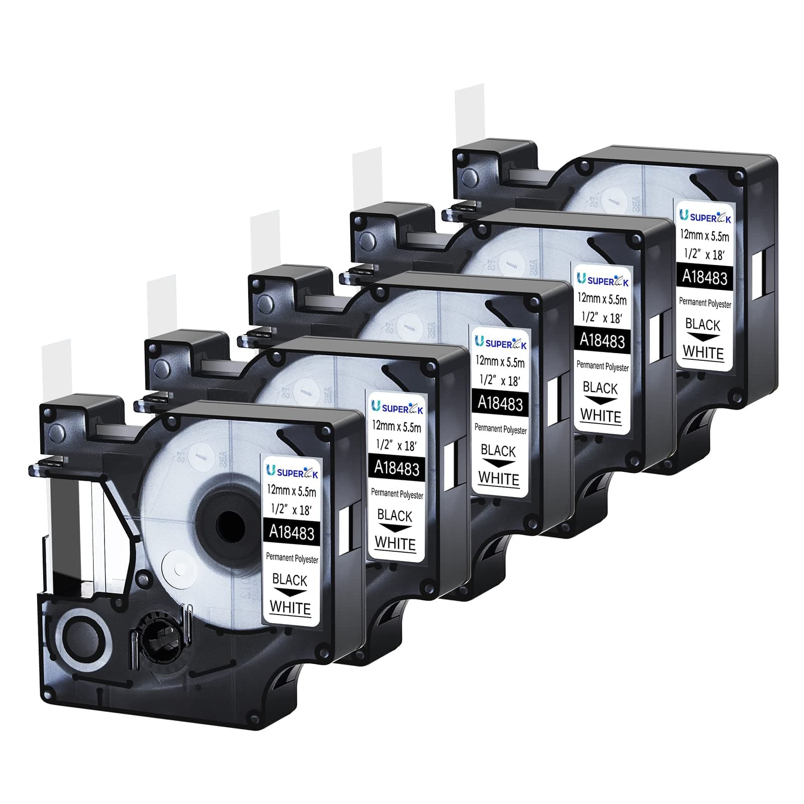 5PK 1/2" Rhino Industrial Permanent Polyester Compatible for Dymo Rhino 4200 5200 18483 Label Tape Black on White 1/2" x 18' for Rhino 5000 6000 3M PL300 Industrial Label Makers