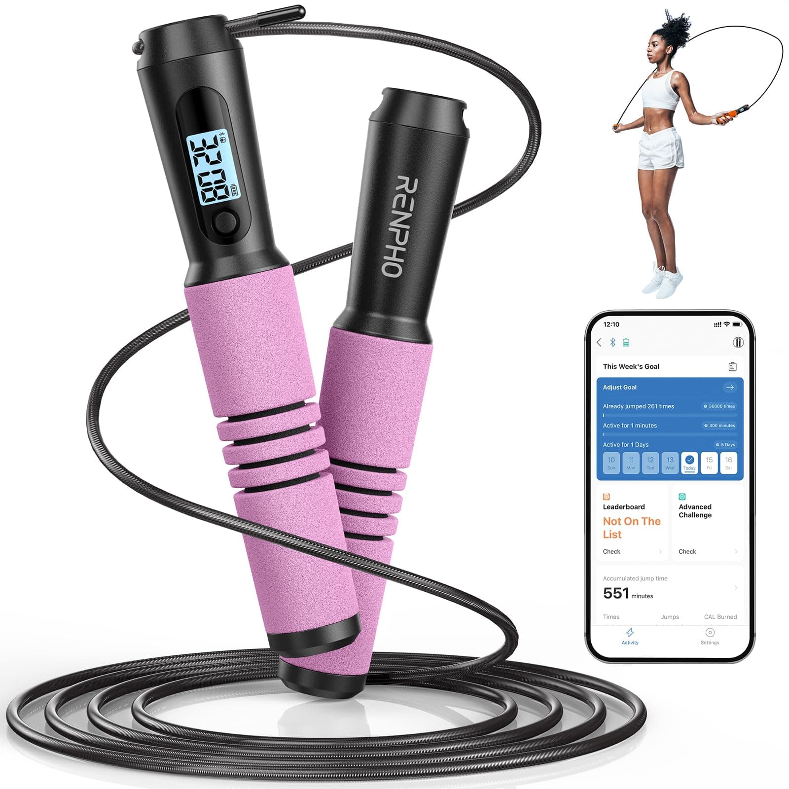 RENPHO Smart Jump Rope - APP Data Storage & Tracking & Analysis, Tangle-Free Jumping Rope for Men, Women, Skipping Rope with Counter, Adjustable workout Jump Ropes for Crossfit, Gym, MMA