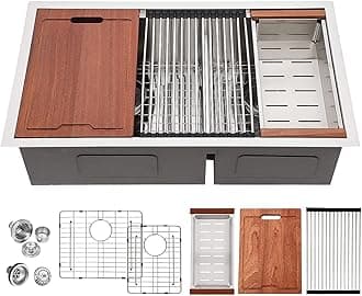 Lordear Double Bowl Kitchen Sinks 33 Inch Ledge Workstation Sink Double Bowl 60/40 Low Divide 16-Gauge Stainless Steel Undermount Kitchen Sink 33x19 Inch Deep Kitchen Sinks