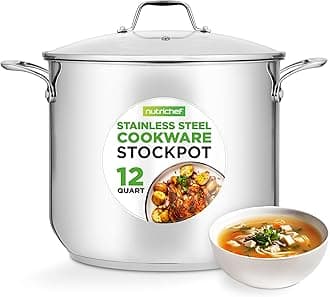 NutriChef 12-Quart Stainless Steel Stockpot – 18/8 Food Grade Heavy-Duty Induction-Compatible Pot with See-Through Lid, Ideal for Stews, Broths, Simmering & Soups, Dishwasher Safe – NCSP12
