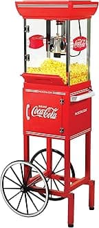 Nostalgia Coca-Cola Popcorn Maker - 48-Inch Vintage Movie Theater Style Cart with 2.5 Oz Kettle, 10 Cup Capacity, Lighted Interior, Storage Compartment, and Wheels - Red