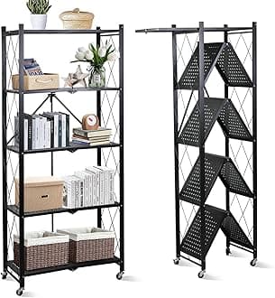 Foldable Storage Shelves 5 Tier, Storage Racks Kitchen Cabinet, Shelf Storage Multipurpose Rack for Living Room Bedroom Kitchen Garage Easy Assembly Black