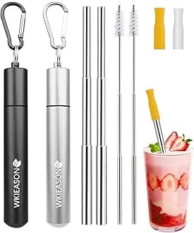 WKIEASON 2 Pack Portable Metal Drinking Straws Collapsible Stainless Steel Straws Telescopic Reusable Straw with Aluminum Key-Ring Case & Cleaning Brush and Silicone Tips for Travel Home Work