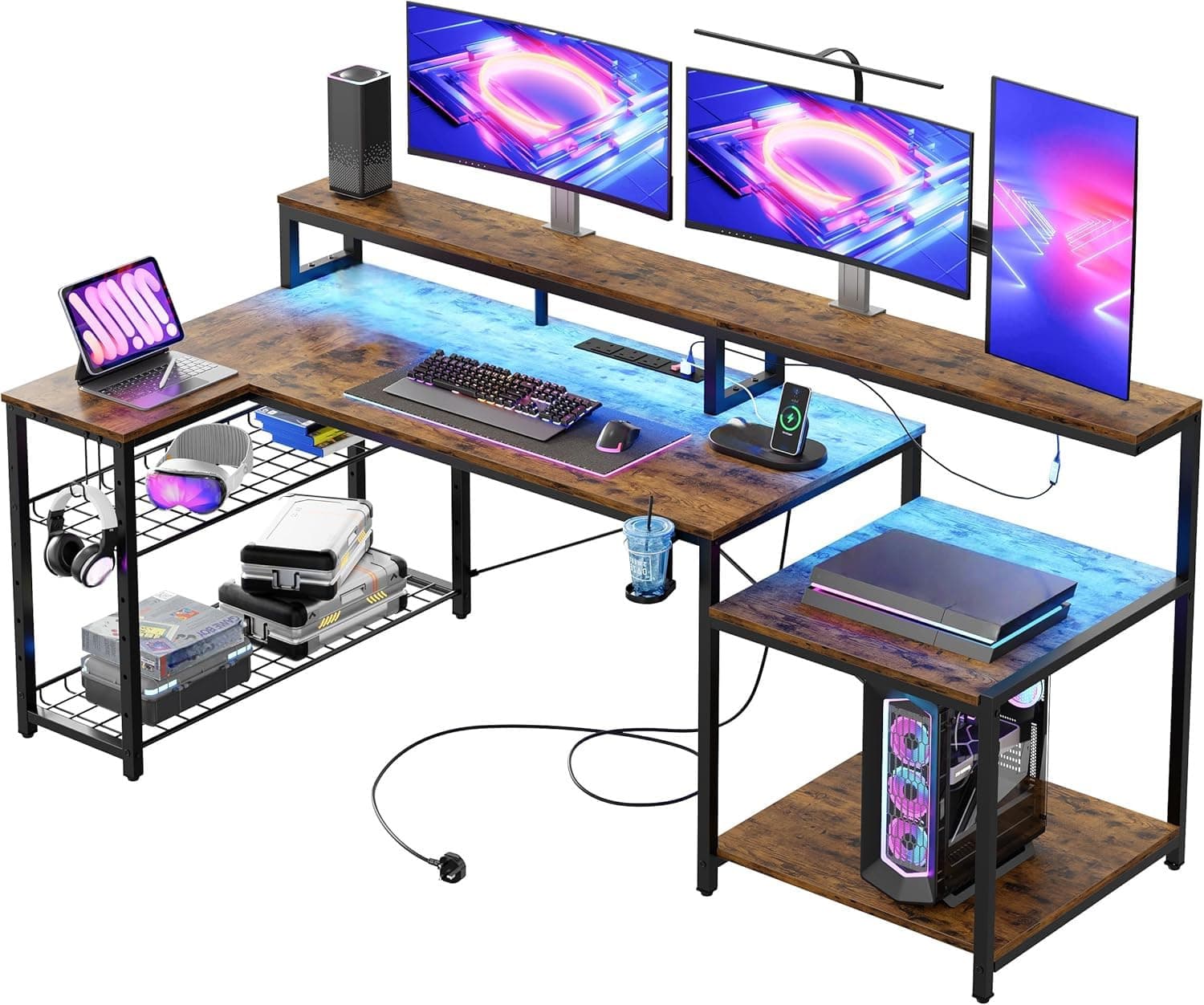 181CM L Shaped Corner Desk with Power Outlets LED Lights Gaming Desk with Long Monitor Stand Large Computer Desk with Storage Shelf Cup Holder Headset Hooks Ideal for Gaming Room