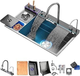 Kitchen Sink Set 304 Stainless Steel Nano Waterfall Sink with Two Waterfalls (82x48x21CM) - Honeycomb Embossing, Vegetable Basin