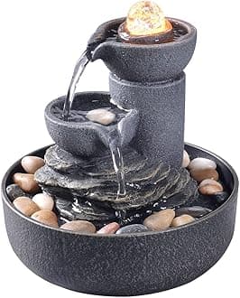 Tabletop Fountain Indoor Fountain 2-Tiered Water Meditation Decorative Waterfall w/LED/Cobblestone/Glass Rolling Ball Soothing Sounds for Office and Home