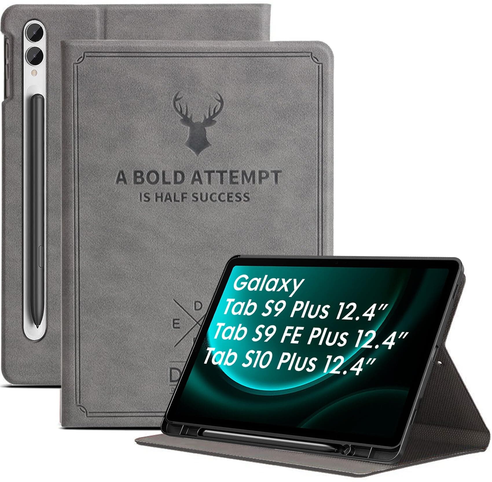Robustrion Cover for Samsung Tab S10 Plus / S9 FE Plus / S9 Plus Case 12.4" Deer Flip Case with [S Pen Holder] for Samsung Galaxy Tab S10+ /S9+ /Tab S9 FE+ Tablet Cover [Auto Sleep/Wake] - Grey