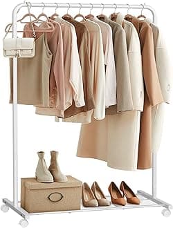 SONGMICS Clothes Rack on Wheels, Metal Clothing Rail for Bedroom, 91 cm Long Hanging Rail with Storage Shelf, 2 Lockable Wheels, Holds up to 40 kg, White