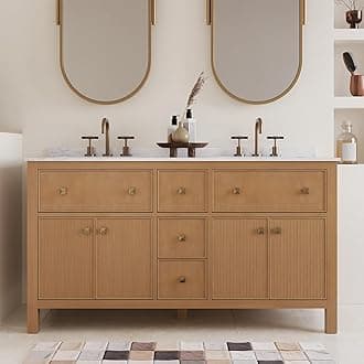 DeerValley 60" Bathroom Vanity with Double Sink Top, Pre-assenmbled Vanity with Quiet-Close Drawers and Splash Guard, 3-Hole Pre-drilled, Ample Storage, Natural Wood Color