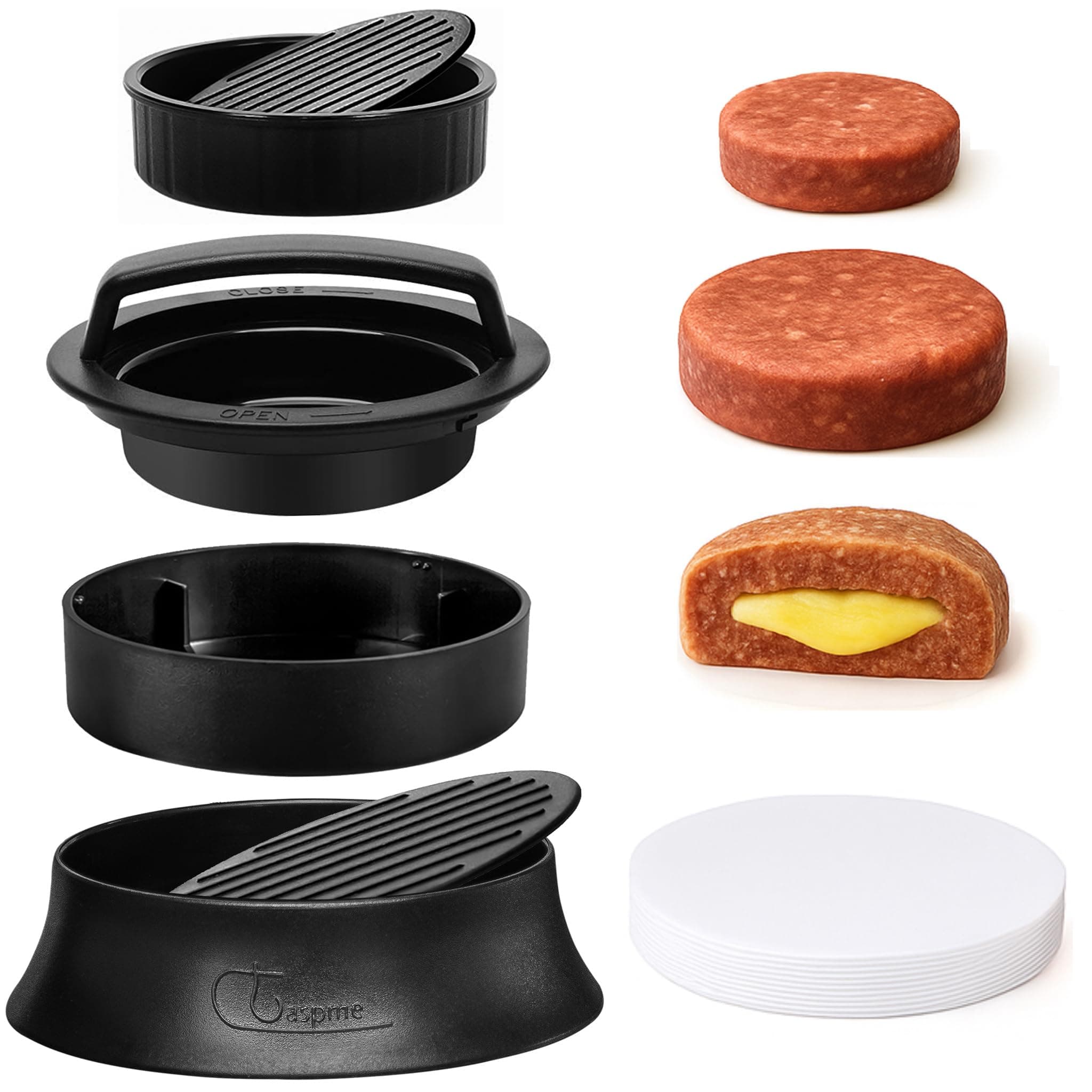 Burger Press with 110 Wax Paper Sheets & Storage Mesh Bag - 3 in 1 Nonstick Hamburger Patty Maker for Perfect Round & Delicious Stuffed Burgers