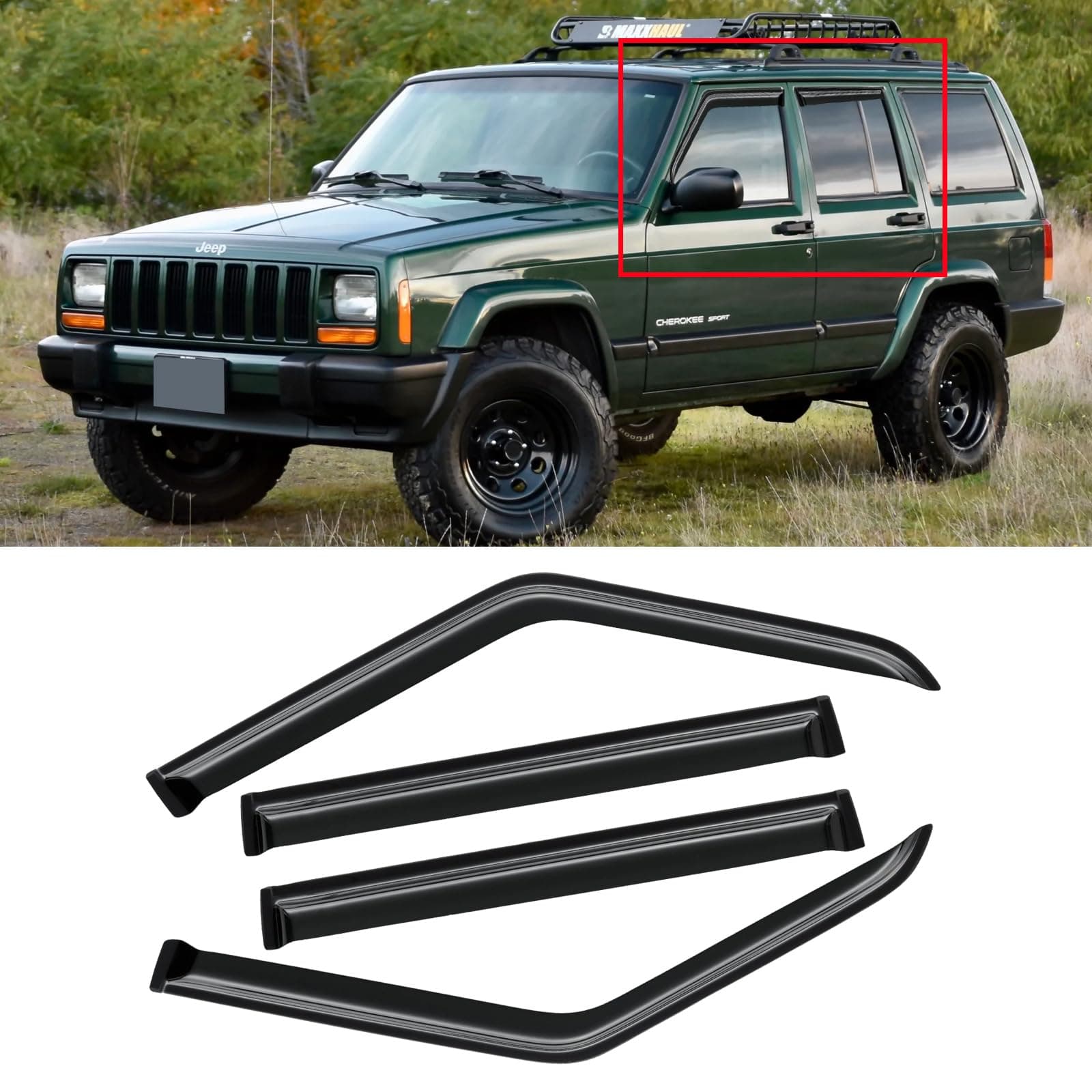 Window Visor for Jeep Cherokee 1984-2001 (Excludes Limited Model), Out-Channel Rain Guards Shields Vent Deflector Shade Wind Dark Smoke, Tape-On Outside-Mount, 4PCS