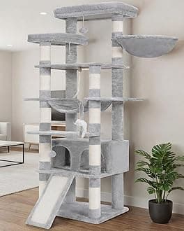 Tall Cat Tree, 78-inch Multi-Level Cat Tower for Indoor Cats, 2 Widened Plush Perches Cat Condo with Scratching Board and Big Caves, Light Gray HCT033W