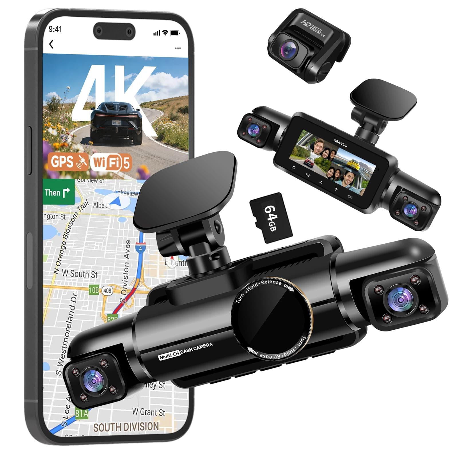 Neideso 360° Dash Cam Front, Rear and Inside, 4 Channel 3K+3*1080P, 5GHz Wi-Fi GPS, Voice Control, 4K+1080P*2 Dash Camera for Cars, CPL Filter, Free 64GB SD Card, Night Vision, 24H Parking Mode(N700)