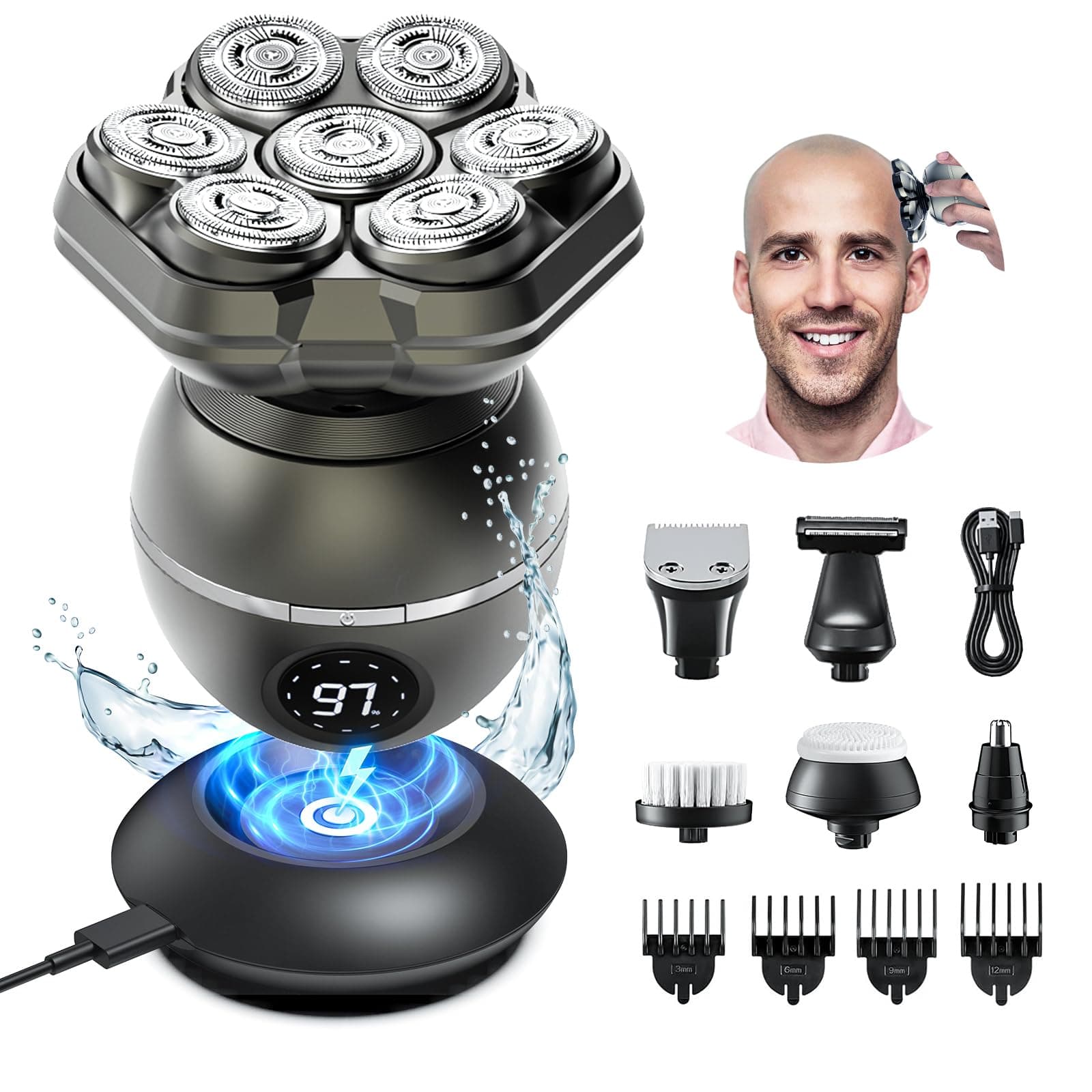 Head Shavers for Bald Men, 7D Magnetic Bald Head shavers Waterproof Mens Head Shaver for Wet/Dry Use, LED Display Electric Razor Type-C Wireless Charging, 360°Close Shave for Men