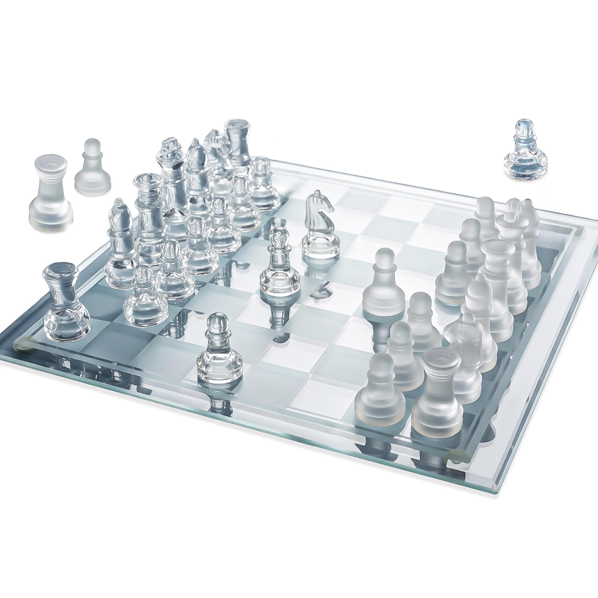 Gamie Glass Chess Set, Elegant Design - Durable Build - Fully Functional - 32 Frosted and Clear Pieces - Felted Bottoms - Easy to Carry - Reassuringly Stable (12 Inch)