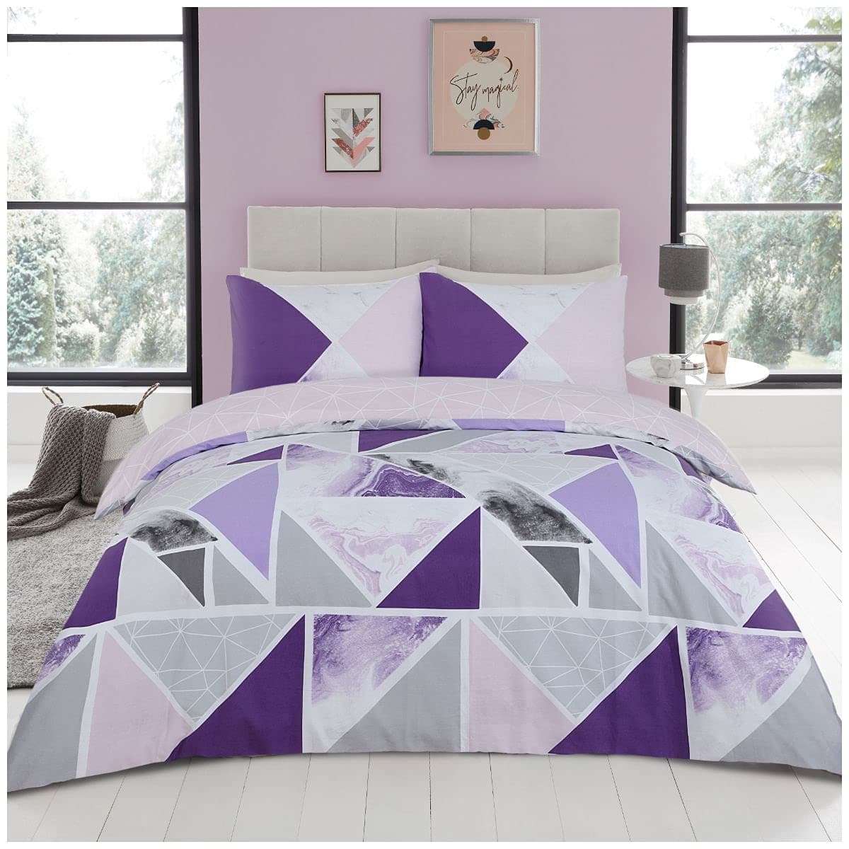 GC GAVENO CAVAILIA Metalic Marble Duvet Cover Sets, Reversible Triangle Bedding Double Bed Set, Washable Quilt Covers, Purple/Grey, 686729
