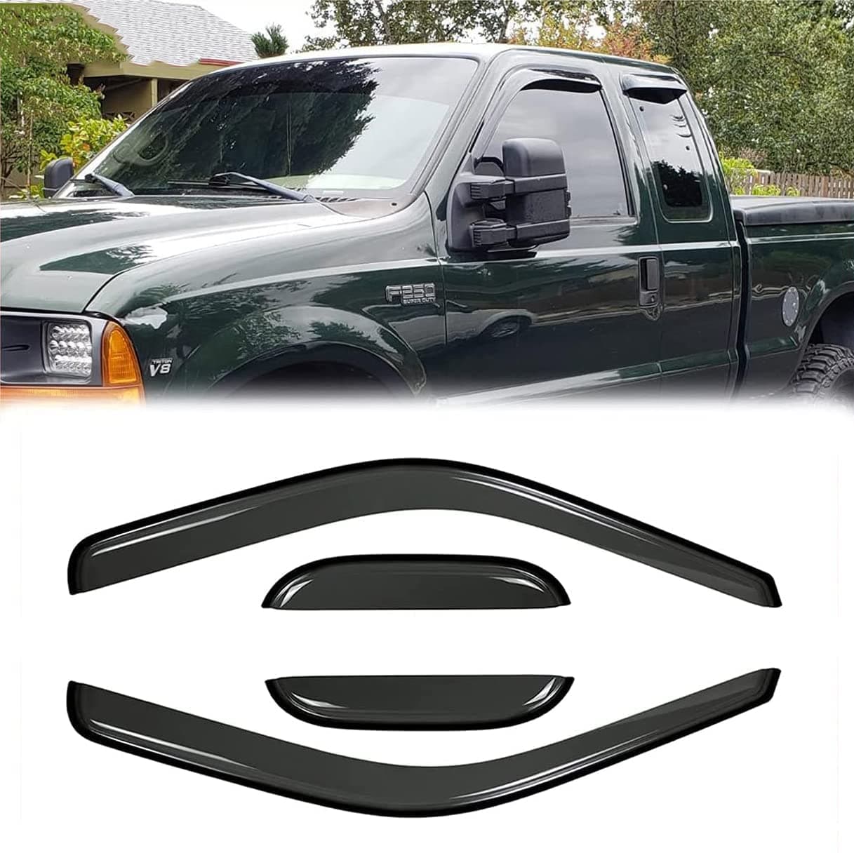 Kucaruce Sun Rain Guards Window Wind Deflector,4pcs Out-Channel Tape On Dark Smoke Vent Visor fit for 1999-2016 Ford F250/F350/F450 Super Duty Super/Extended cab Only 94522