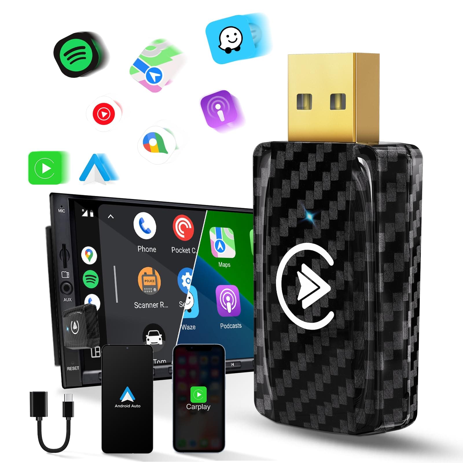 MSXTTLY Wireless CarPlay Adapter UK Android Auto Adpater 2 IN 1, Convert Wired AA/Carplay to Wireless, for Android 11+/iOS 10+ Phones, USB C/A, Plug & Play, SMT-AC01