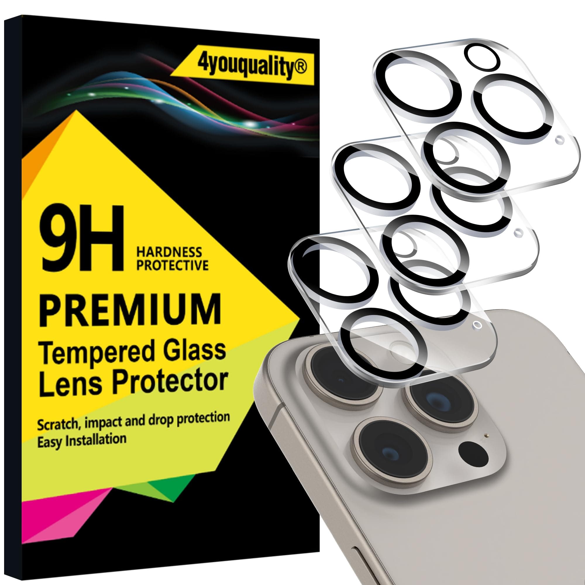 4youquality [3-Pack Camera Lens Protector for iPhone 15 Pro (6.1-Inch) & iPhone 15 Pro Max (6.7-Inch), 9H Tempered Glass, [LifetimeSupport][Case-Friendly][Anti-Scratch][Does Not Affect Night Shots]