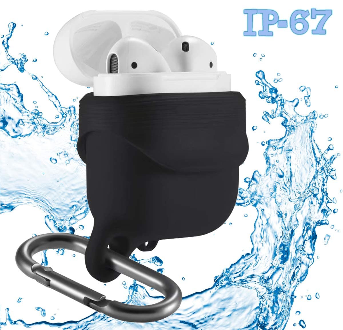 MAYtobe AirPods 2, 1 Case - [Front LED Light Visible] Premium Quality Keychain Shock Resistant Silicone AirPods Waterproof Case with Carabiner for Apple Airpods 2 and 1 (Black)