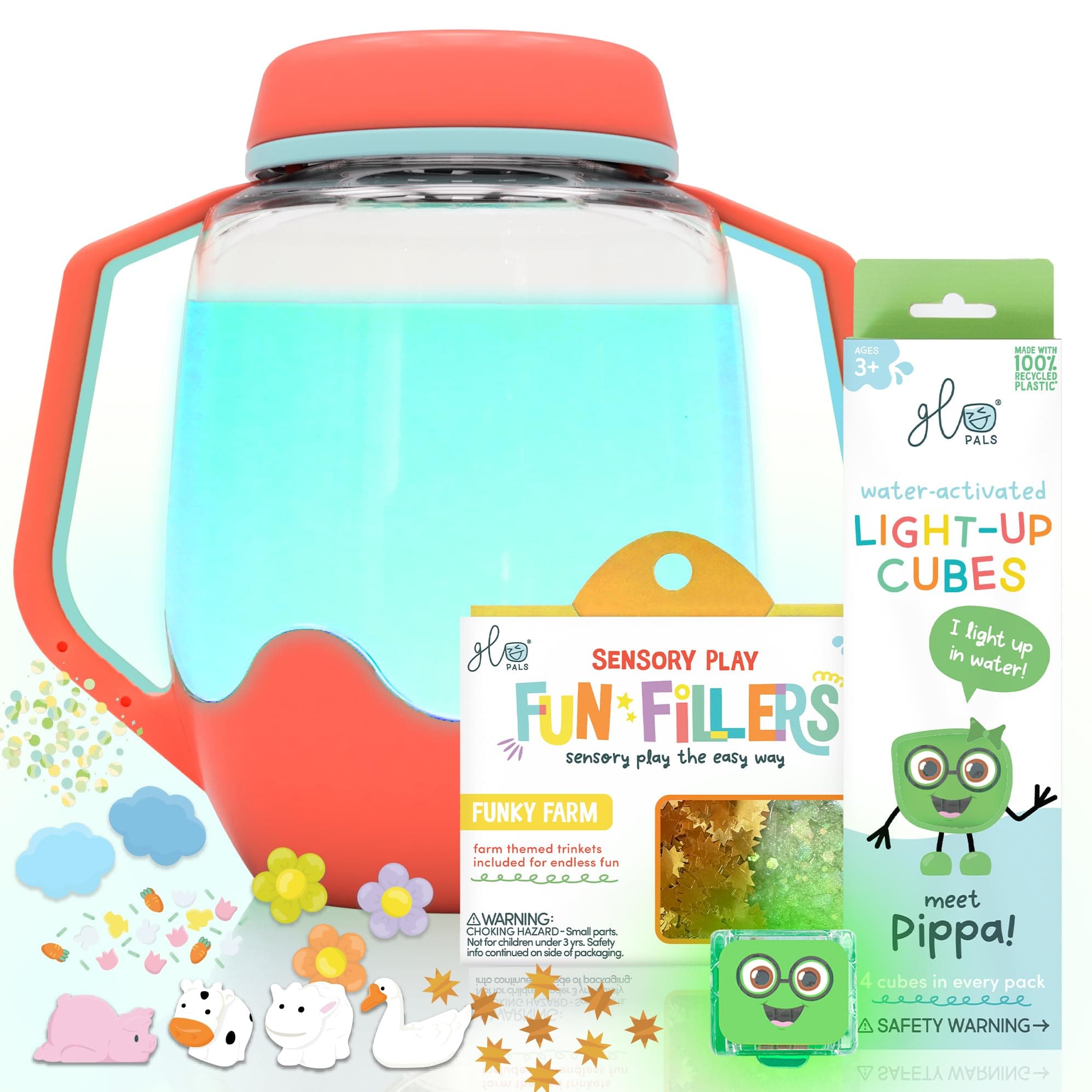 Play Pack Bundle with Sensory Play Jar, Water-Activated Light-Up Cubes, and Fun Fillers - Sensory Toys for Toddlers - Sensory Toy Kit with Light Up Cubes for Bathtub - Barnyard Blast