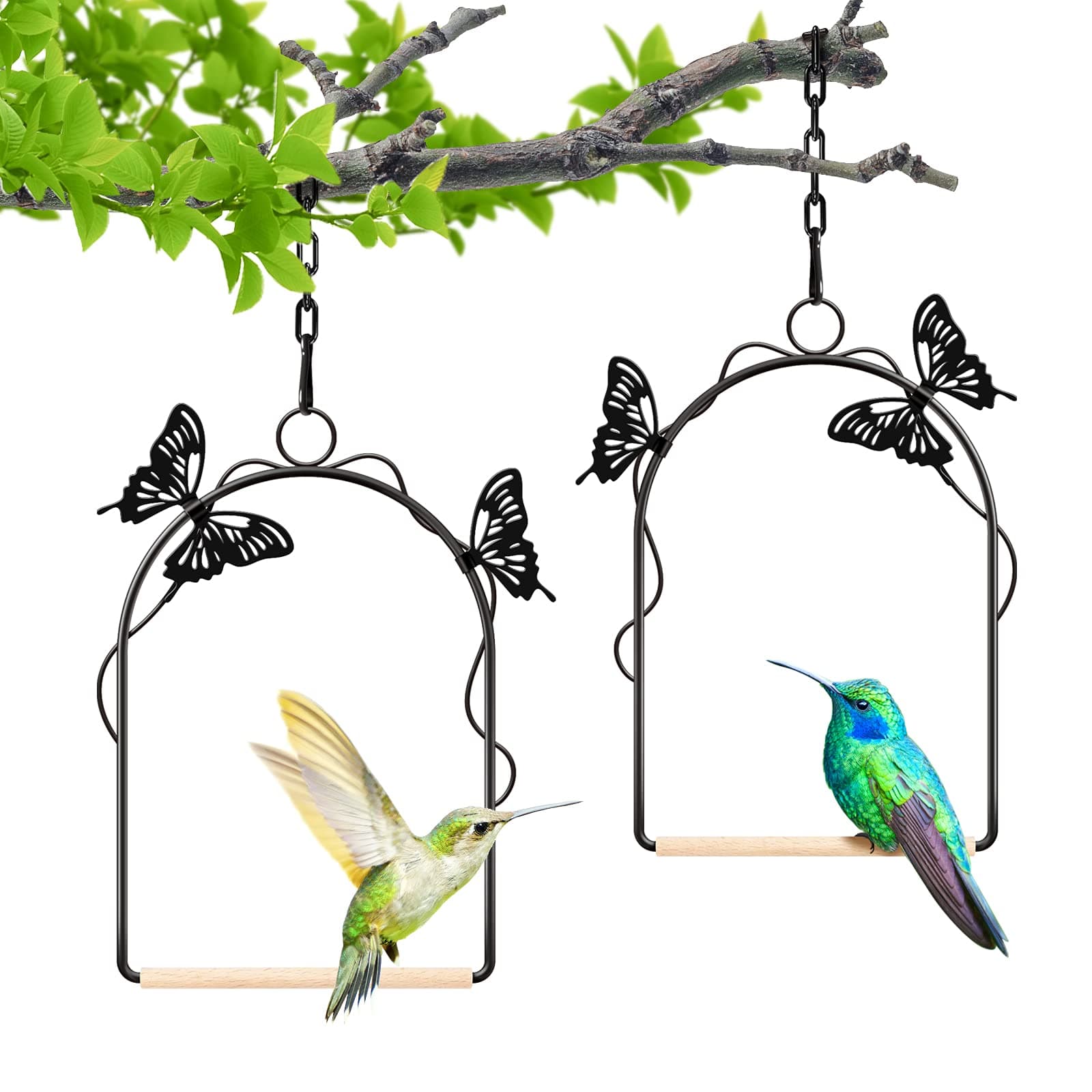 Hummingbird Swing 2 Pack Attractive Hummingbird Perch with Rust Resistant Metal Frame, Wooden Dowel and Hanging Chain for Wild Finches & Orioles Bird Outdoors