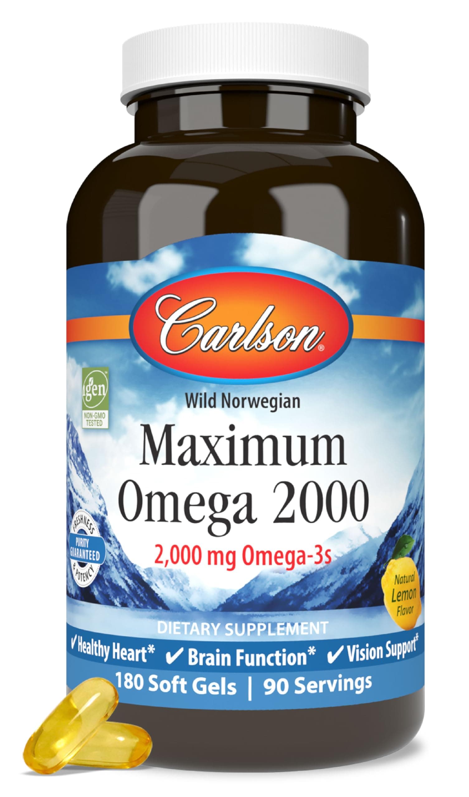 Carlson - Maximum Omega 2000, 2000 mg Omega-3 Fatty Acids Including EPA and DHA, Wild-Caught, Norwegian Fish Oil Supplement, Sustainably Sourced Fish Oil Capsules, Lemon, 180 Softgels