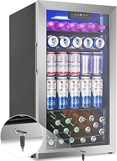 128 Cans Beverage Refrigerator Cooler, 3.2 Cu.Ft Mini Drink Fridge Glass Door for Drink Beer Soda Wine, Beer Fridge with 4 Removable Shelves for Kitchen Bedroom, Office Bar Gaming Room,Stainless Steel