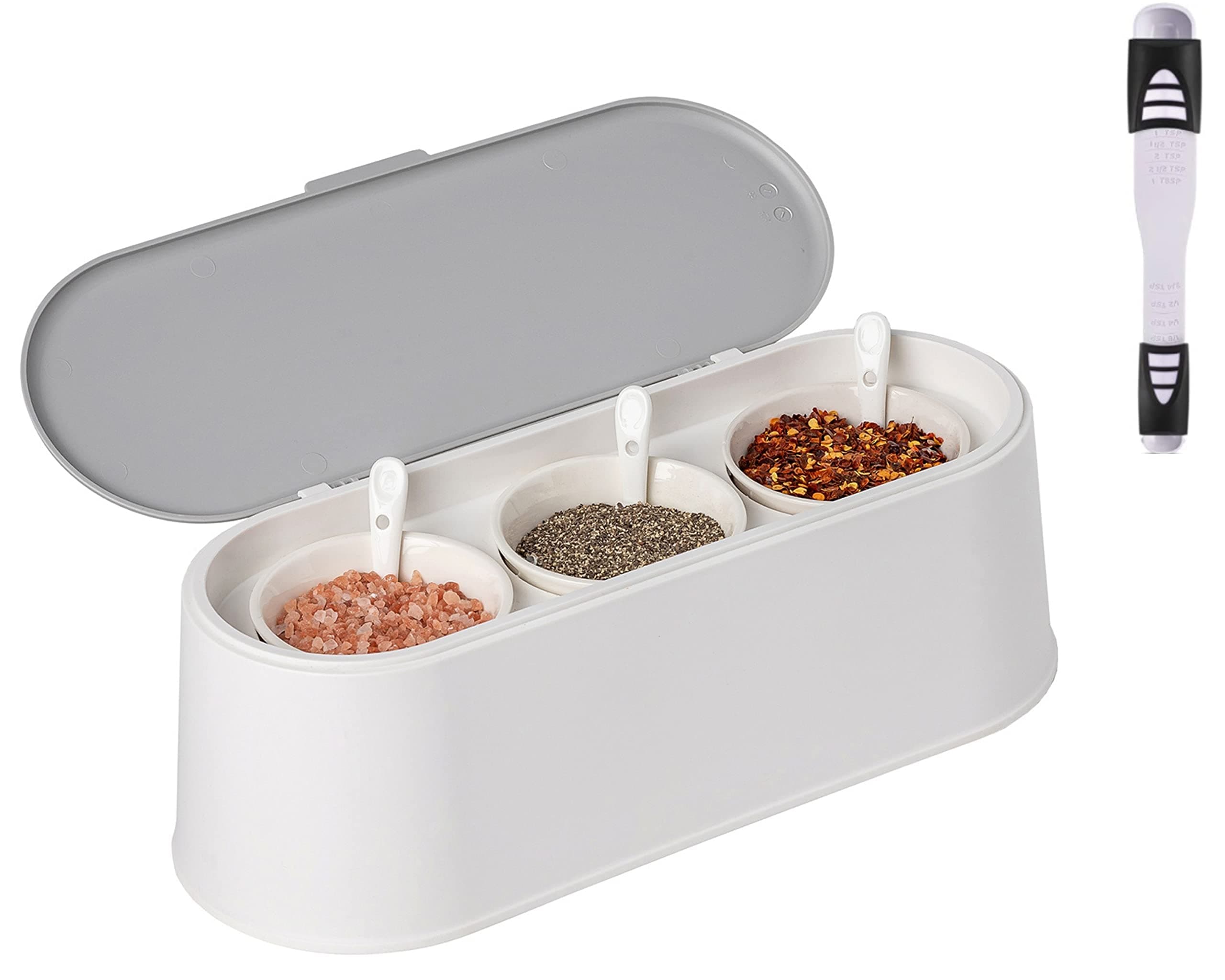 Seasoning Containers Every Set Includes 3 Cute Jars, 3 Spoons & 1 Stylish Rack These Salt and Pepper Bowls Spice Containers Salt Cellar are Great For Spices, Condiments, Sugar, Salt & Pepper