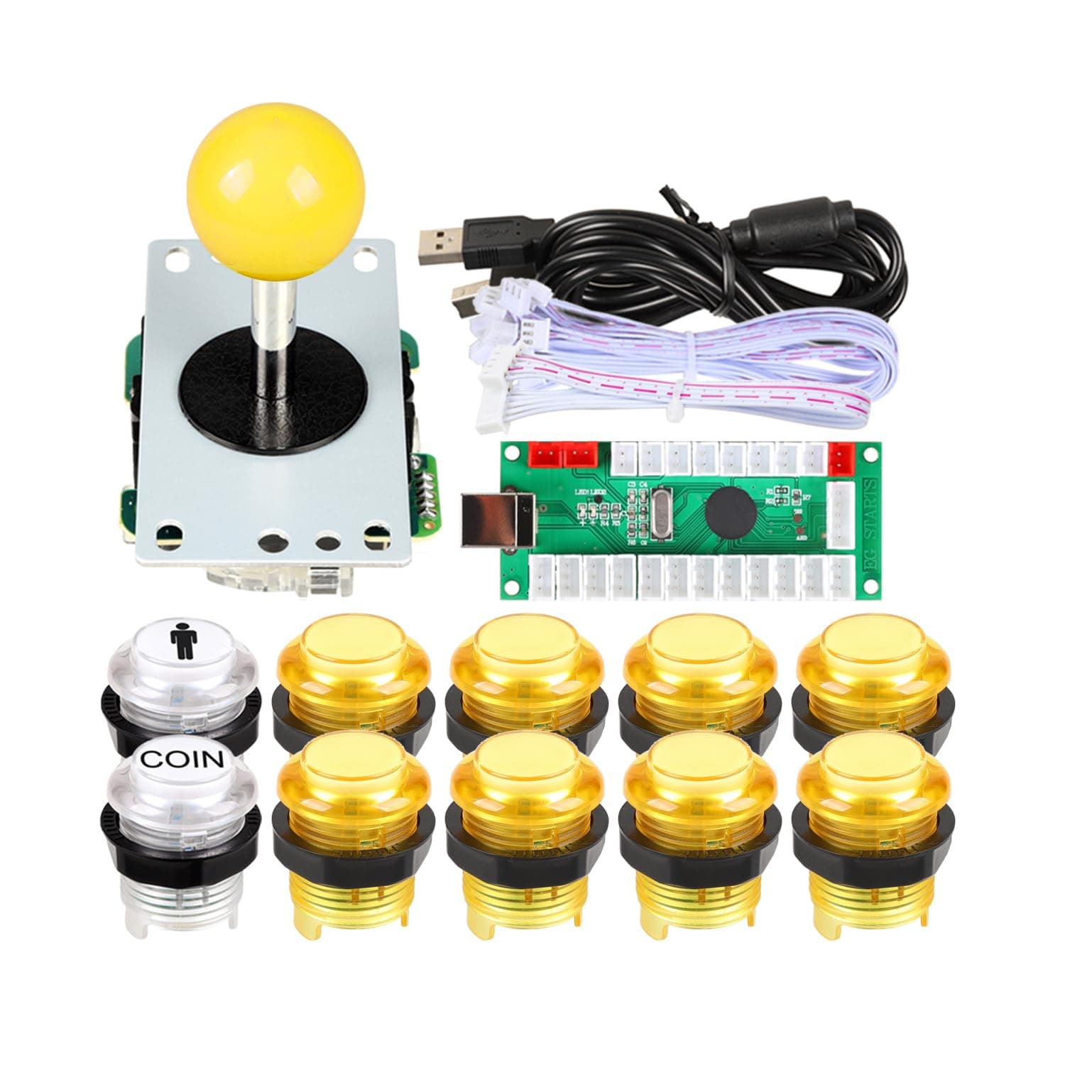 EG STARTS Classic Arcade Games Cabinet Kit USB Encoder to PC Joystick Handle + 5V Led Lights Push Buttons Compatible Arcade PC Game DIY Project &Mame & Raspberry Pi DIY Parts Yellow