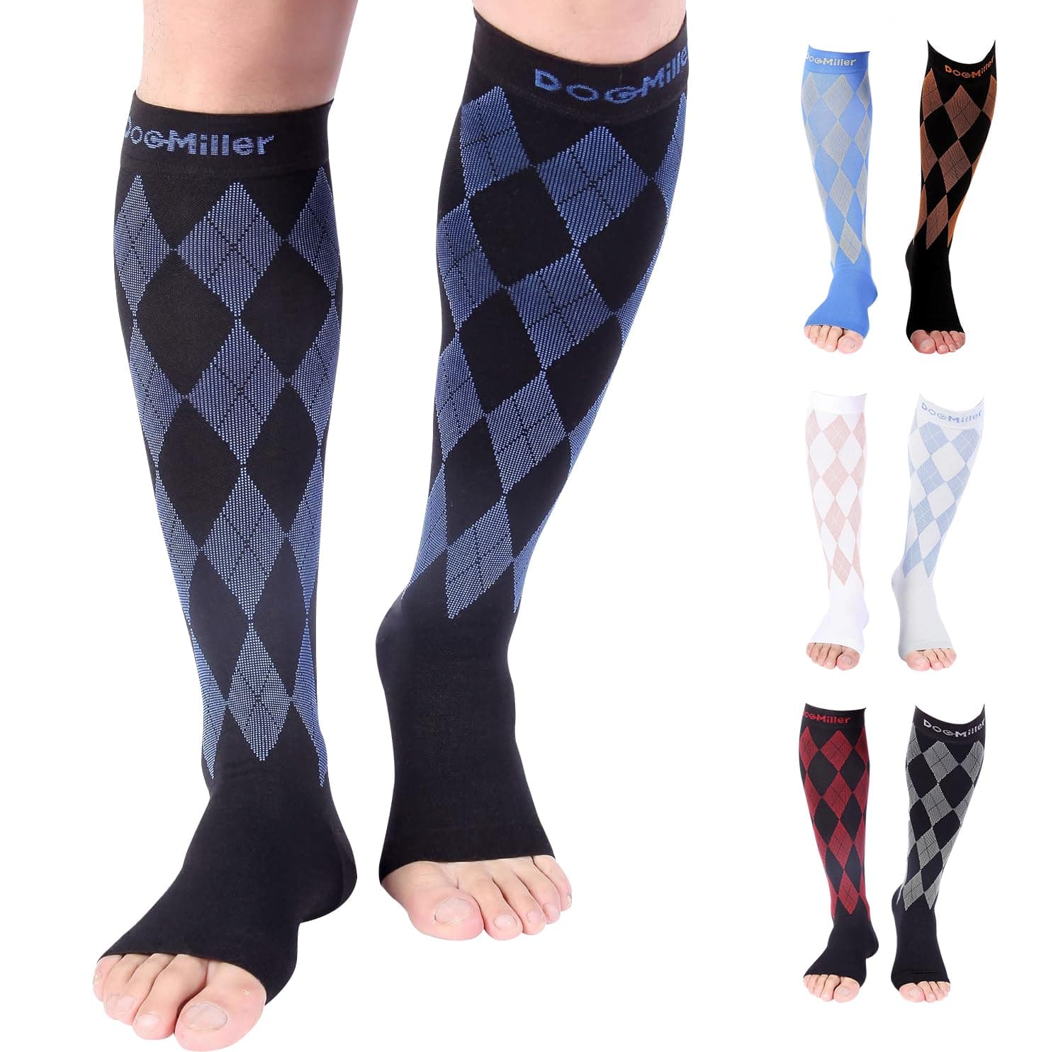 Doc Miller Toeless Compression Socks Women & Men โ Open Toe, 20-30mmHg, Knee-High, Lightweight, Calf Support, Shin Splints, Varicose Veins Comfort, 1 Pair, Argyle