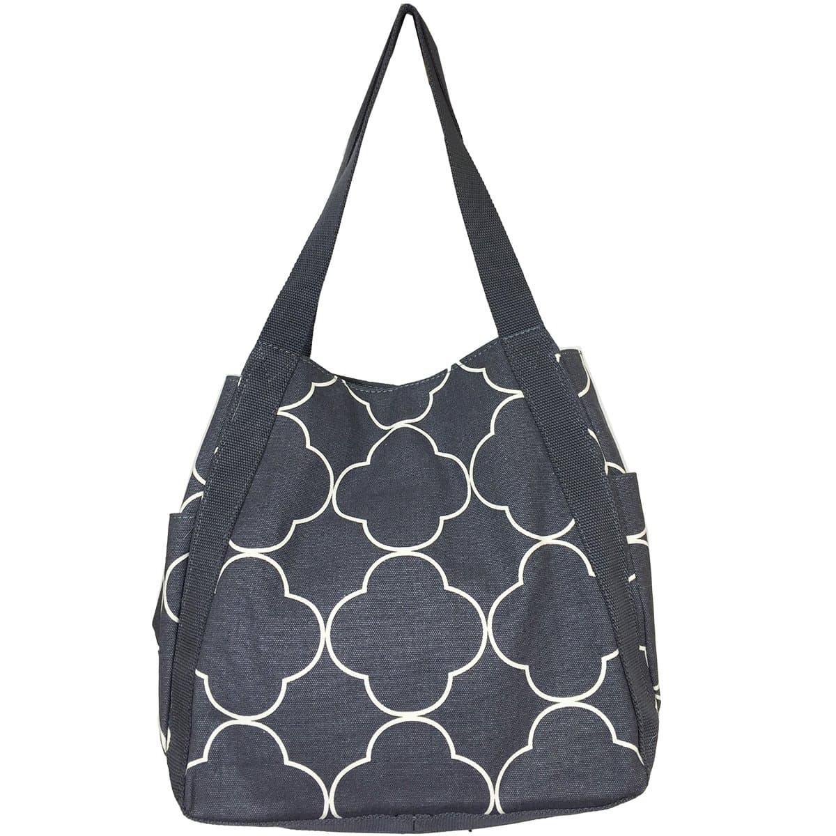 NEW! High Quality Pattern Prints Medium Roomy Canvas Tote Bag w/Top Snap Button Closure,Quatrefoil Grey