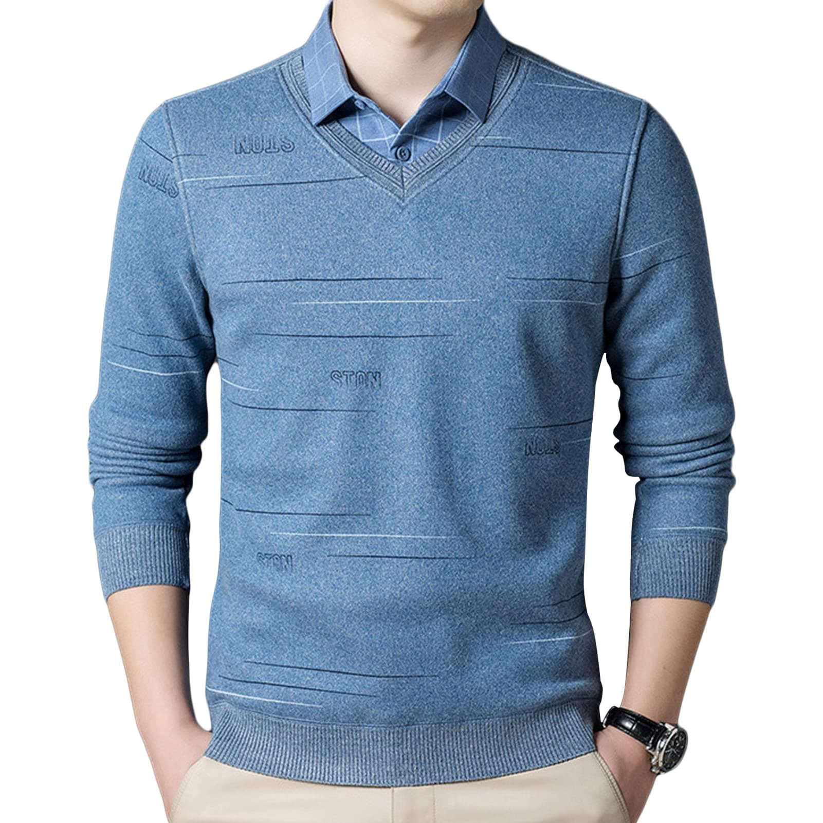 Men's Fake Two-Piece Knit Sweater Lamb Wool Pullover Middle-Aged and Elderly Dad Wear Plus Velvet Thick Casual Sweater