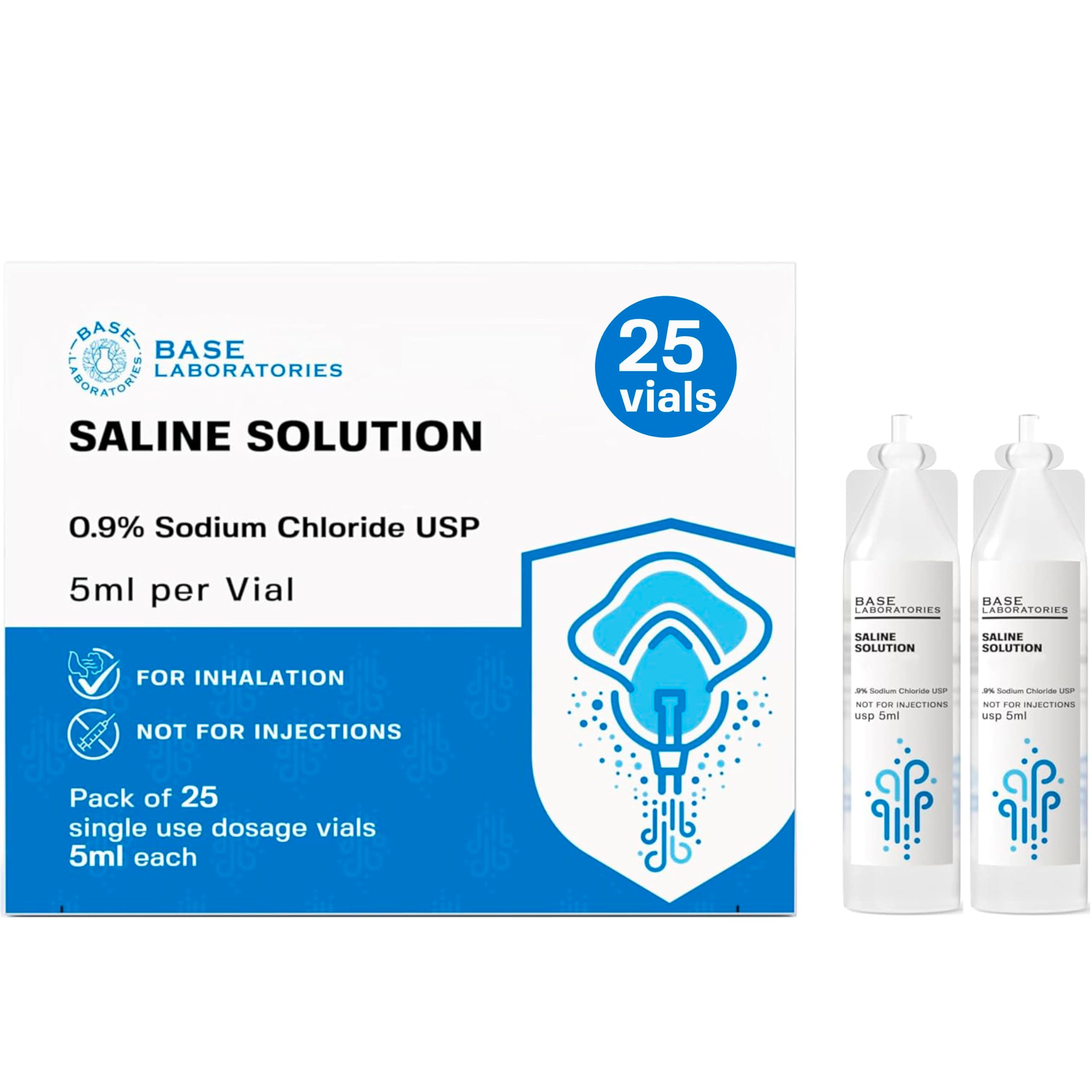 BASE LABORATORIES 0.9% Saline Solution for Nebulisers | Sterile 3% Saline Solution for Inhalation | Nebuliser Saline Solution for Kids and Adults | 25 Vials 5ml Liquid Unit Dose
