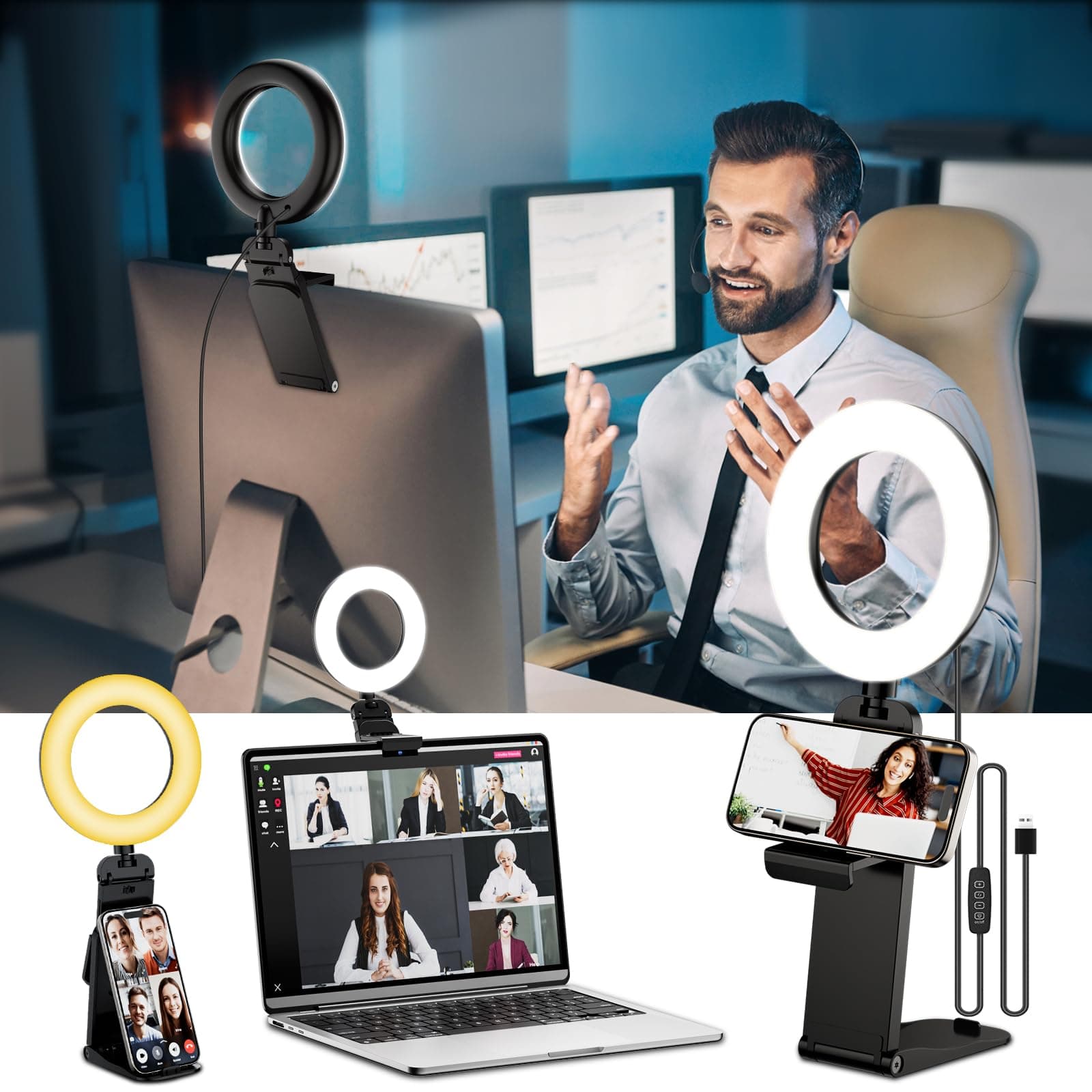 Ring Light for Computer Video Conference Lighting Zoom Meeting, Video Calls, Webcam Lighting, Online Learning, Live Streaming, Self Broadcasting (Grey), 5" Small Ring Light, Selfie Light for Laptop