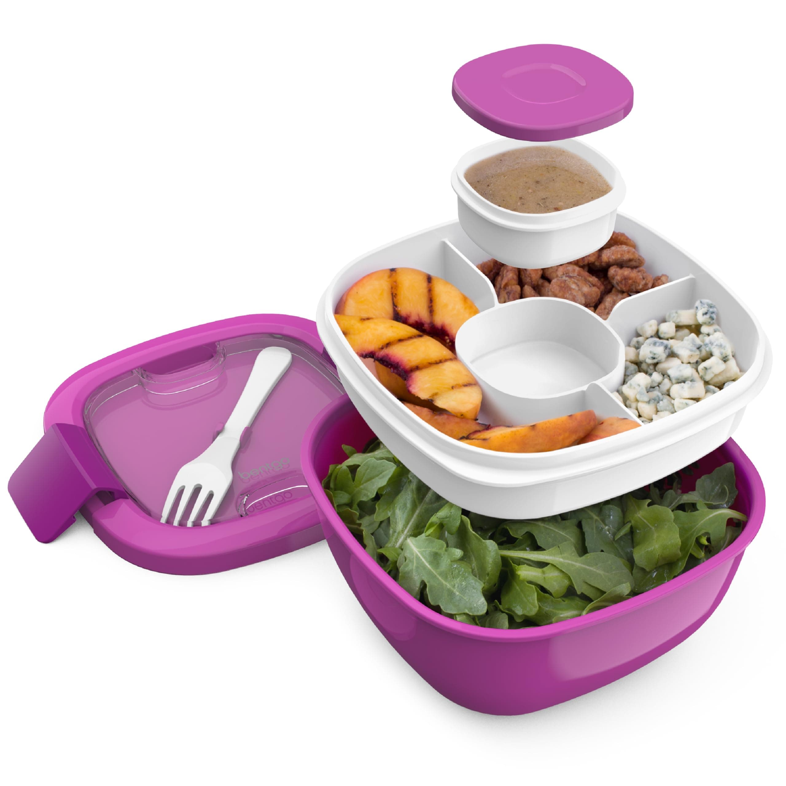 Salad Container - 54 oz Bowl with 4-Compartment Toppings Tray, Leak-Proof Dressing Container, Reusable Fork, BPA-Free Lunch Box for Meal Prep & Food Storage; Removable Bento Tray (Purple)