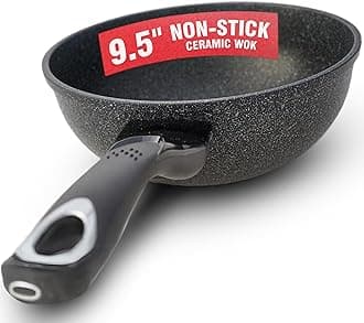 HOME N KITCHENWARE 9-Layered Premium Marble Pan- Ceramic Marble Wok - Easy to Clean Korean Stone-Coated Nonstick, Induction Ready, Cast Aluminum Woks & Stir-Fry Pans - 9.5 inch