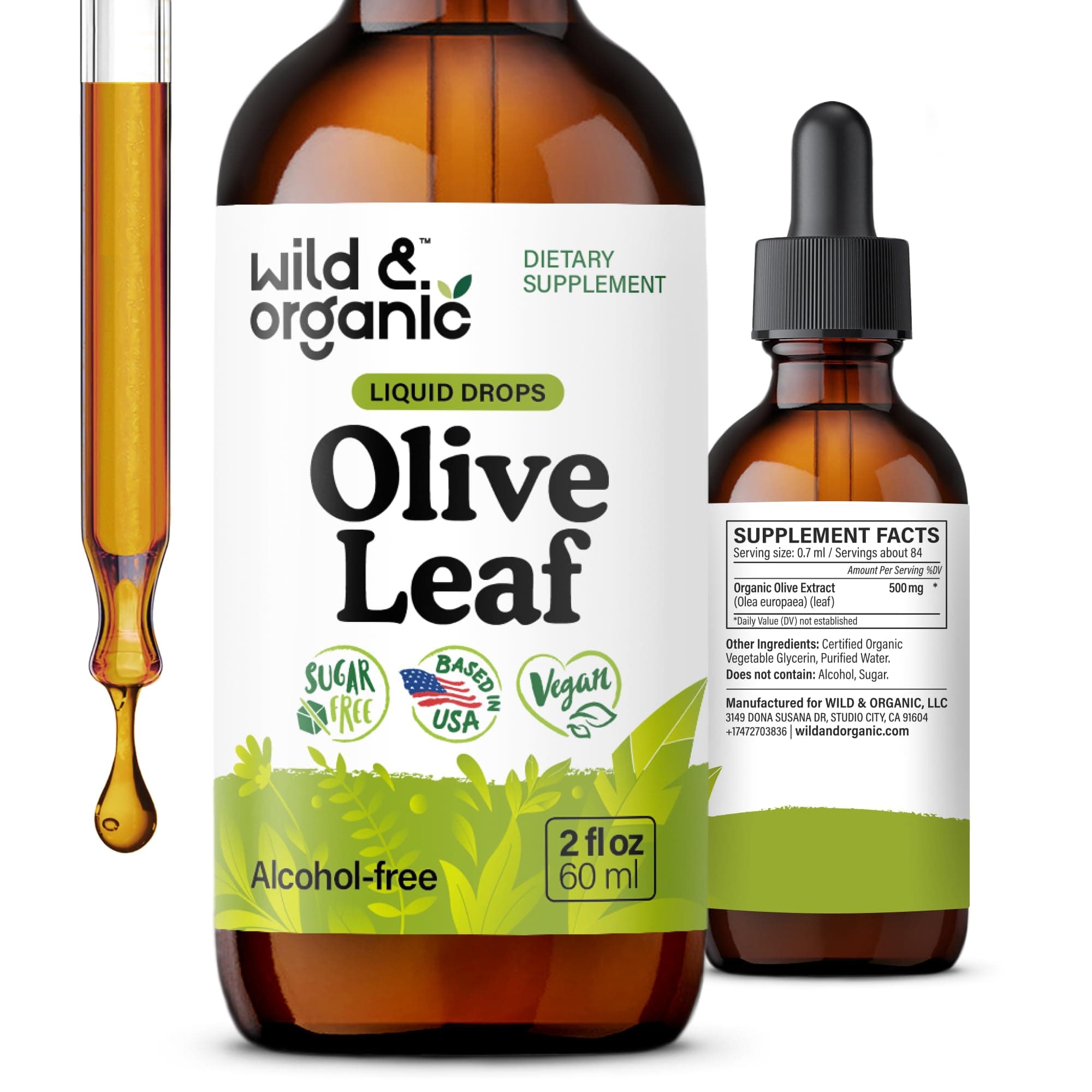 Wild & Organic Olive Leaf Extract Liquid Drops - Immune & Antioxidant Support - Oleuropein Olive Leaf Supplement - Add to Tea Tincture - Vegan, Sugar & Alcohol-Free - 2 fl oz