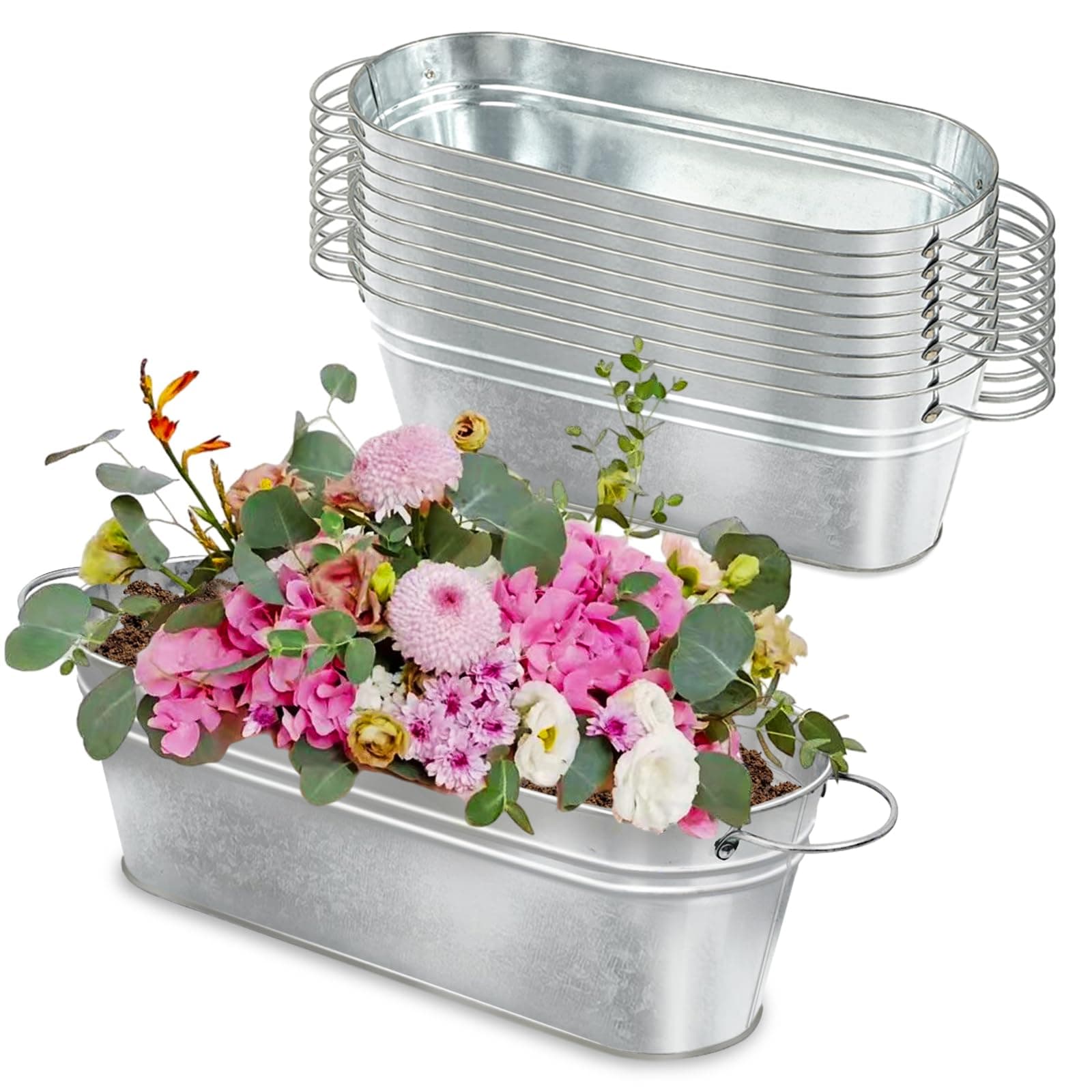 PUNICA 10 Pcs Galvanized Oval Planters, Galvanized Tub with Handle, Flower Buckets Rustic Farmhouse Home Decor, Metal Planters for Outdoors, Party, Wedding