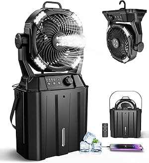 Misting Fan Portable for Outside, Camping Mister Cooling Fan for Outdoors Patios, Rechargeable Battery Operated Mist fans, 4 Spray Outlets, 3 Lights Modes, 4 Timer for Fishing/Golf/Garden/Party/Beach
