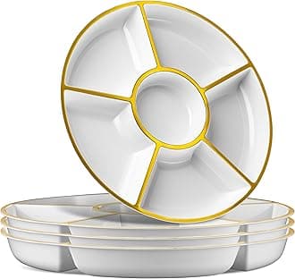 PLASTICPRO6 Sectional Round Plastic Serving Tray/Platter, Serving Dishes (8, White & Gold)