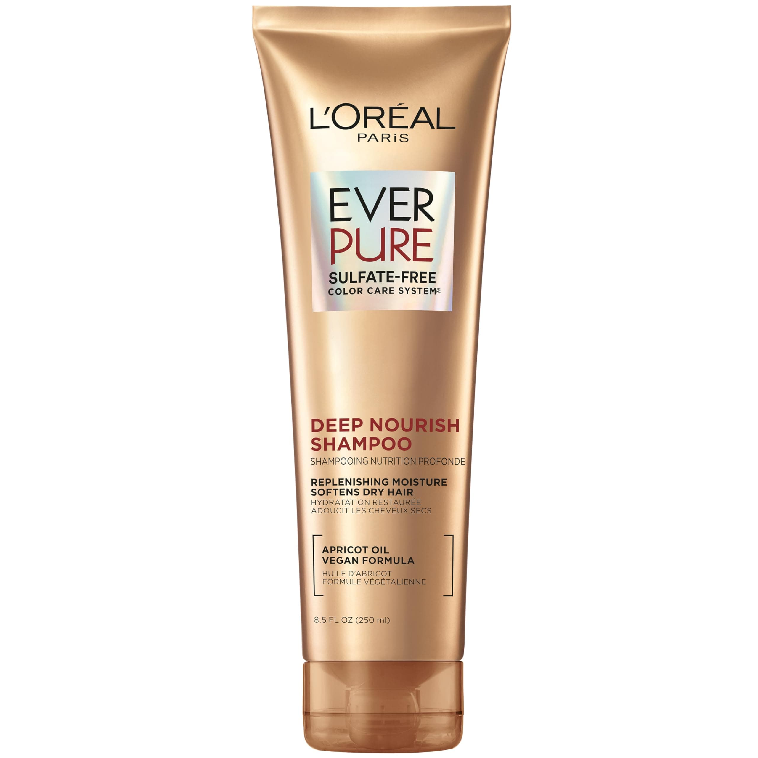 L'Oreal Paris Shampoo, Sulfate Free, Triple Action Hydration for Dry Hair, EverPure, 8.5 Fl Oz (Packaging May Vary), Damaged, Color-Treated Hair, Apricot Oil Infused, Deep Nourish