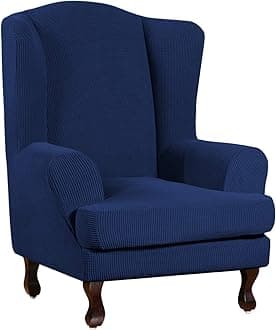 Turquoize Wingback Chair Covers 2 Piece Wing Chair Slipcover Stretch Slipcovers for Wingback Chairs Wing Chair Cover Spandex Jacquard Fabric with Elastic Bottom Non-Slip Furniture Cover, Navy