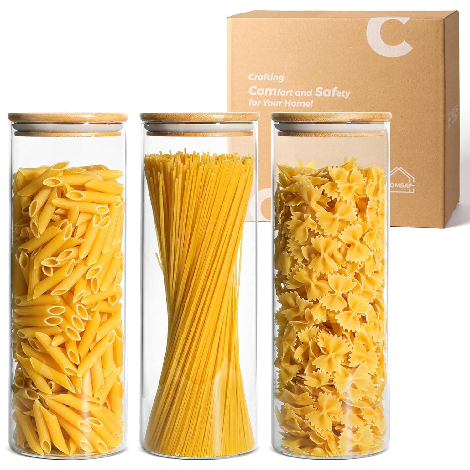 ComSaf Glass Spaghetti Pasta Storage Container with Lids Set of 3, Tall Clear Airtight Food Storage Jar with Cover Kitchen Pantry Storage Container for Noodles Flour Cereal Coffee Beans