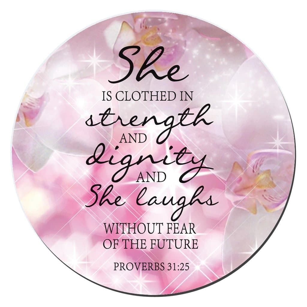 Pink Flower Glitter Background Mouse Pad Bible Verse Proverbs 31:25 She is Clothed in Strength and Dignity and She Laughs Without Fear of The Future Round Non-Slip Rubber Mouse pad