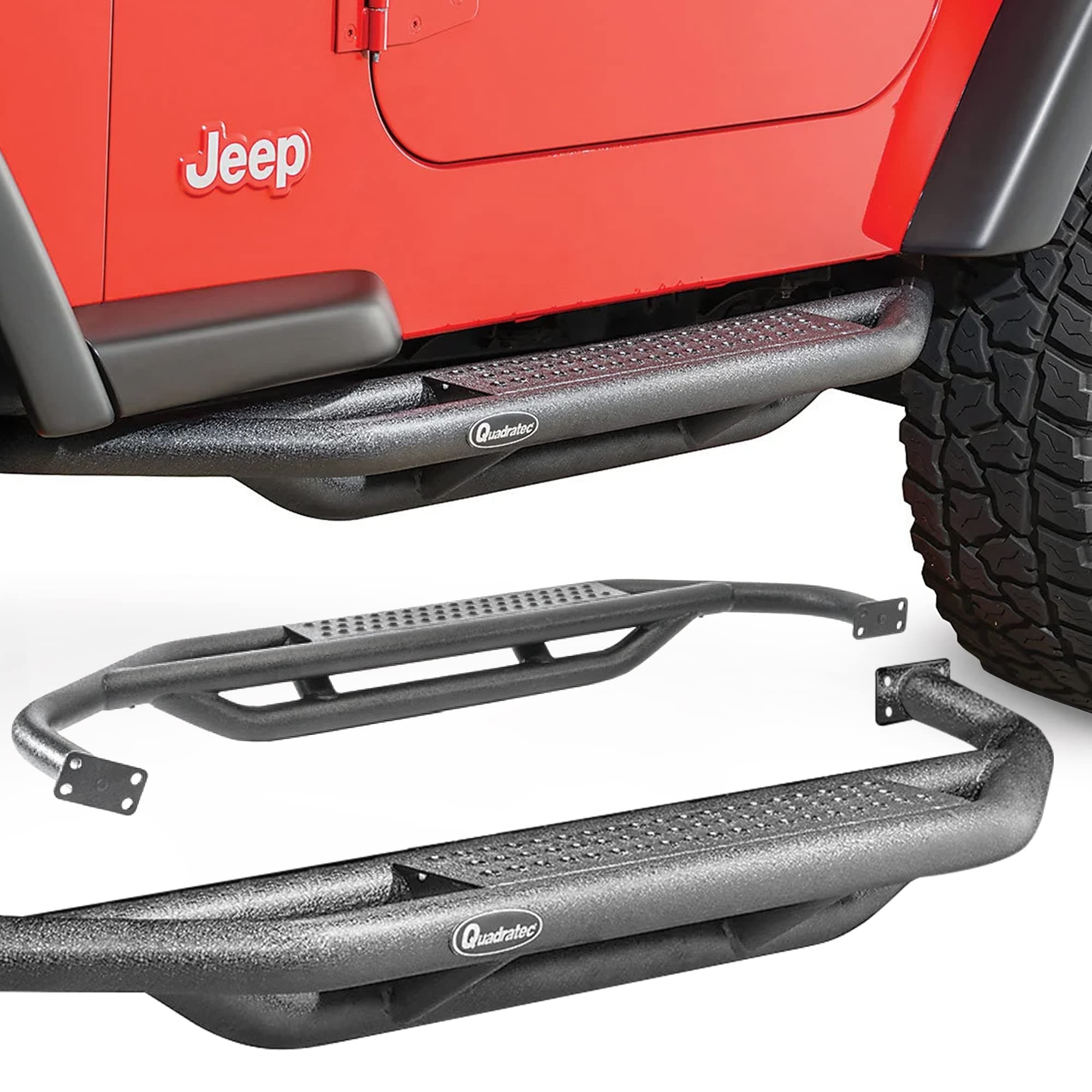 Quadratec QRC Side Armor Rocker Guards with Step, Pair of 2 - Fits Jeep Wrangler YJ, TJ, JK, JL 2-Door & 4-Door - Solid Welded Steel - Black Powder Coated Finish - Side Step Running Boards (YJ & TJ)