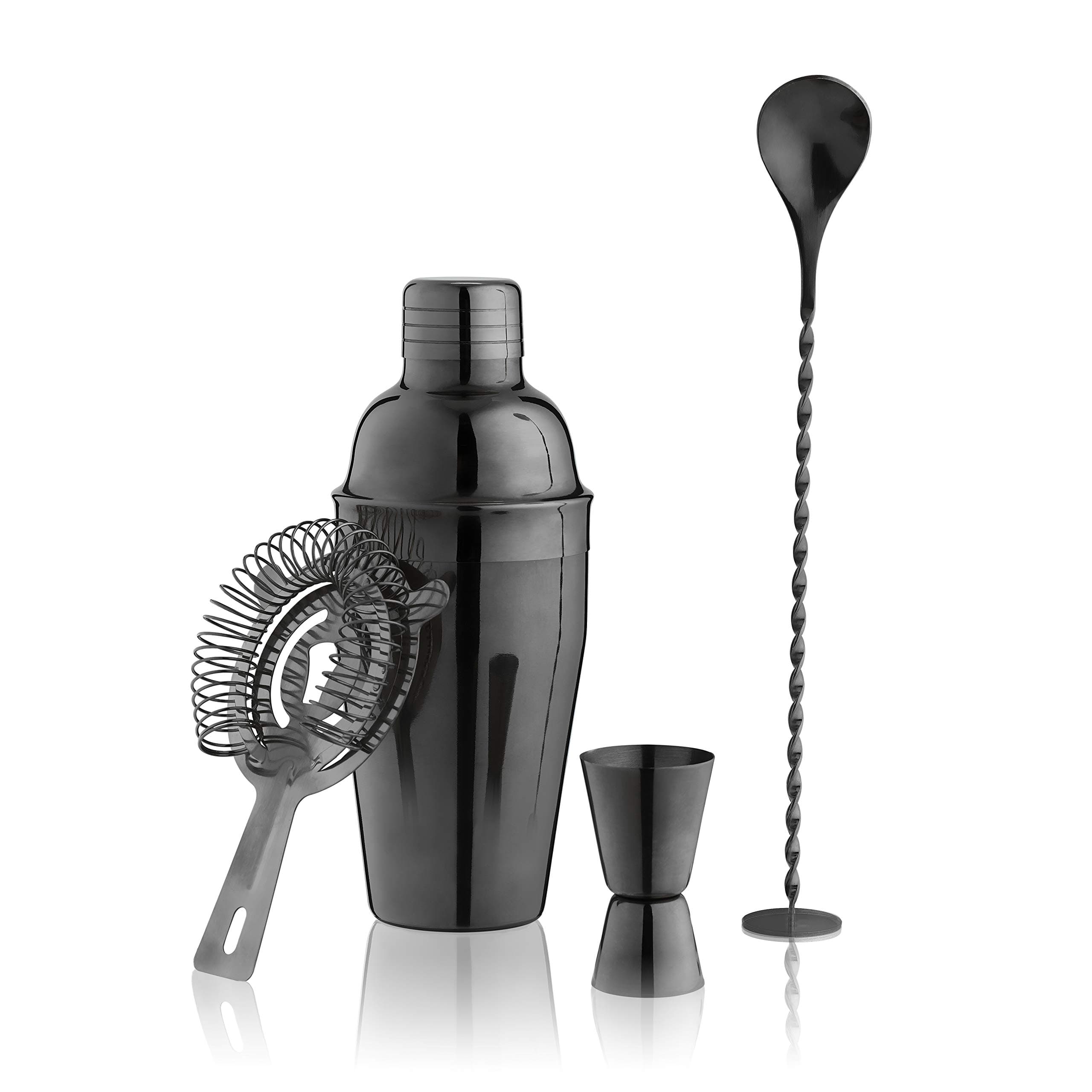 True 4-Piece Cocktail Shaker Set Includes Cobbler Shaker, Strainer, Jigger, Bar Spoon for Classic Cocktails, Mixed Drinks, Cold Brew, Home Bar Tools, Bartender Gifts, Bar Cart Accessories, Black