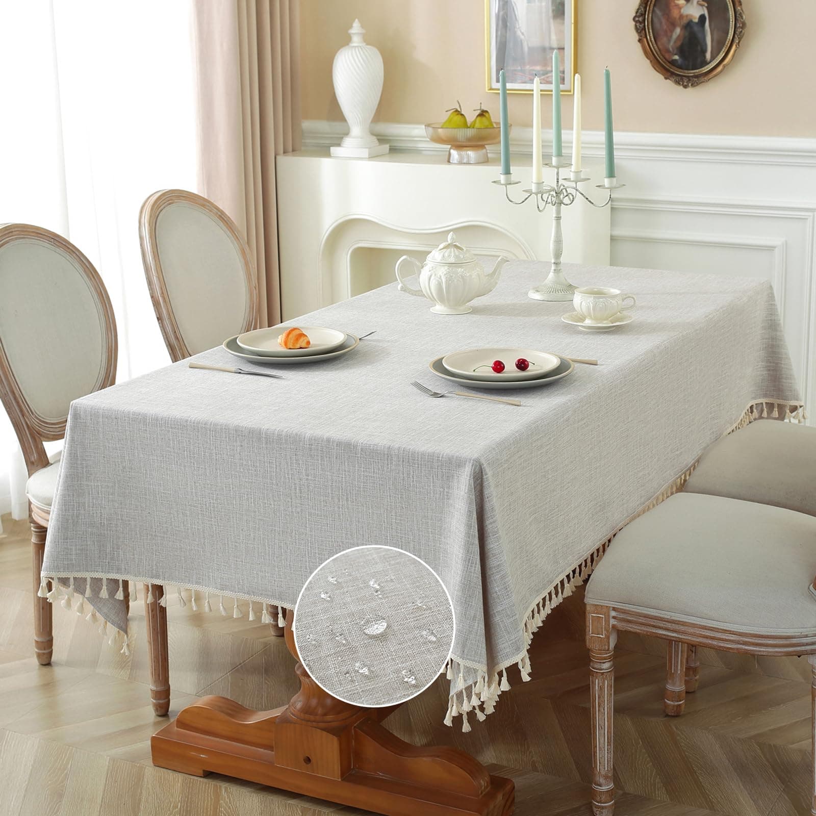 Textured Table cloth for Rectangle table, Heavy Duty Farmhouse Tablecloth Solid Cotton Linen Waterproof Wrinkle Free Burlap Table Cover for Kitchen Dining,Party, Light Brown 55''x75'',4-6 Seats