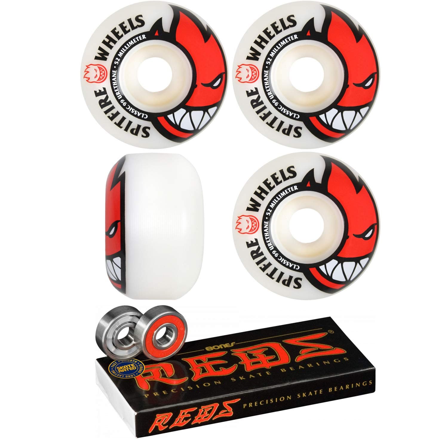 52mm Wheels Bighead White/Red Skateboard Wheels - 99a with Bones Bearings - 8mm Bones Reds Precision Skate Rated Skateboard Bearings (8) Pack - Bundle of 2 Items